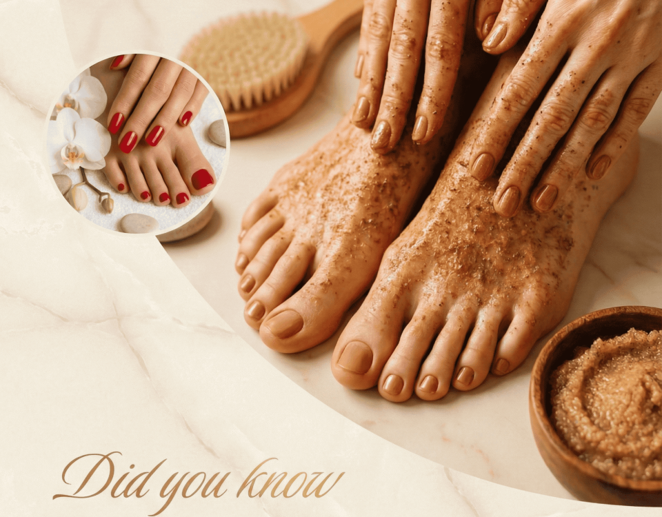 Moisturized feet with manicured nails, emphasizing foot care.