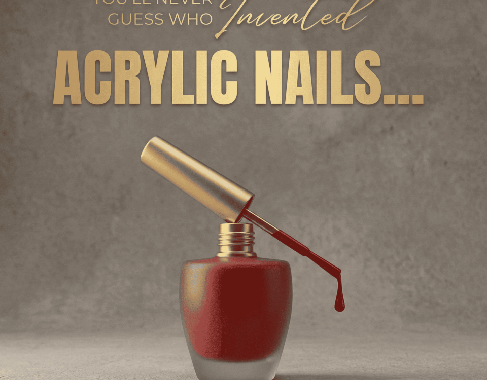 Red nail polish bottle with open brush on silky fabric, revealing acrylic nail invention.